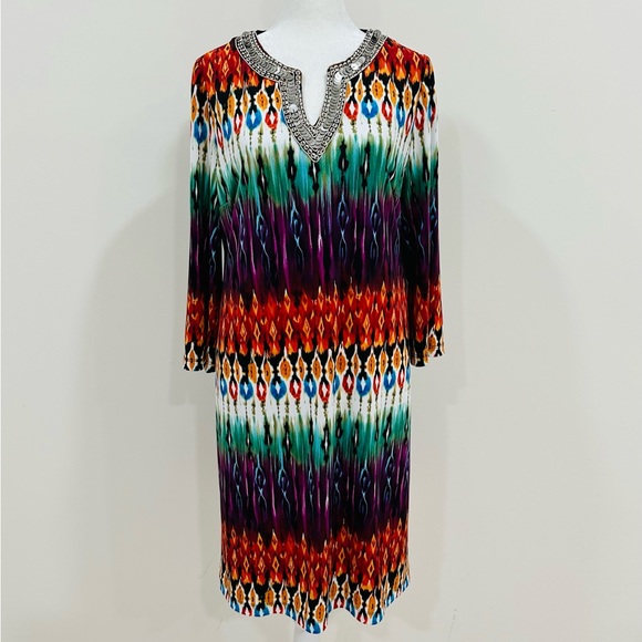 Chico's Glamour Ikat Gracey Multi Dress Sequin‎ V-Neck size 1 (M 8-10) - Picture 1 of 8